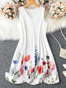 Vestido Feminino com estampa de plantas e detalhe na gola V Lilibeth. Plus Size