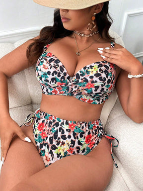 Conjunto de Biquini de Leopardo e Flores - Plus Size